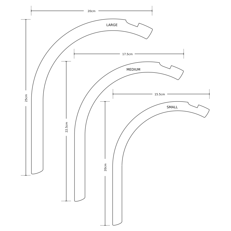 drawing showing the dimensions of the wall mounted plant hanger in 3 sizes