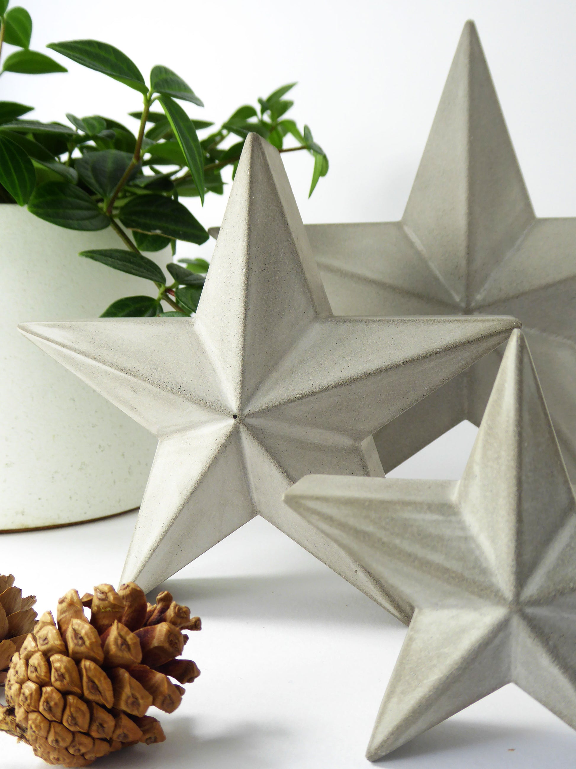 Geometric star-shaped scandi decorations on a white surface with a plant and pine cones in the background.