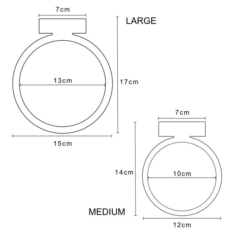 diagram of the dimensions for the medium and large wall mounted display shelf
