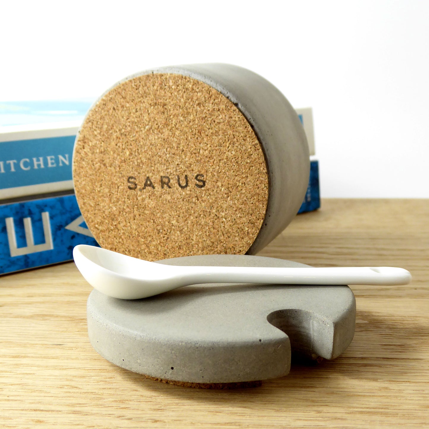 base of a concrete salt pot showing the cork base to prevent slipping