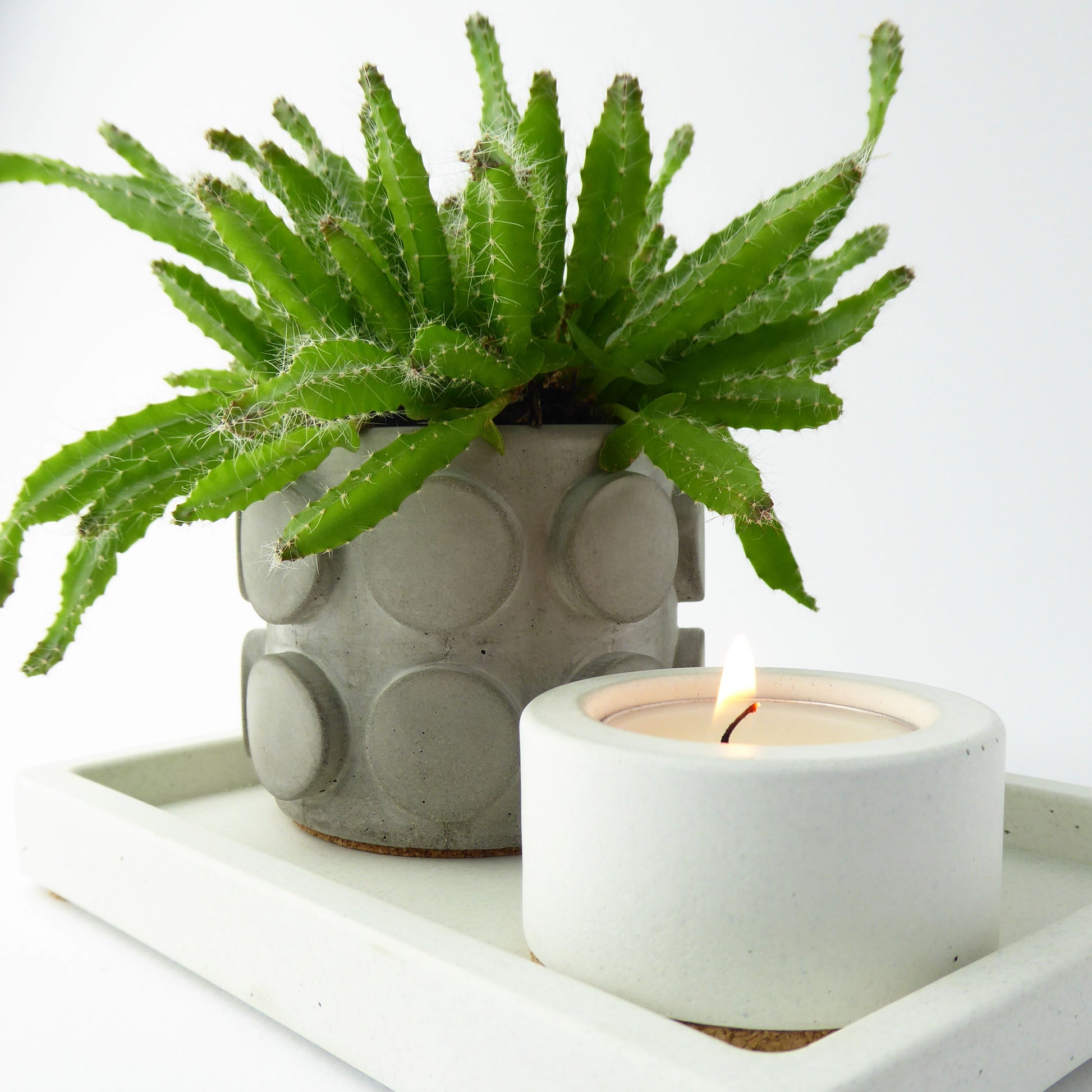 Concrete planter with a green succulent plant and a white candle holder with a lit candle on a white rectangular tray.
