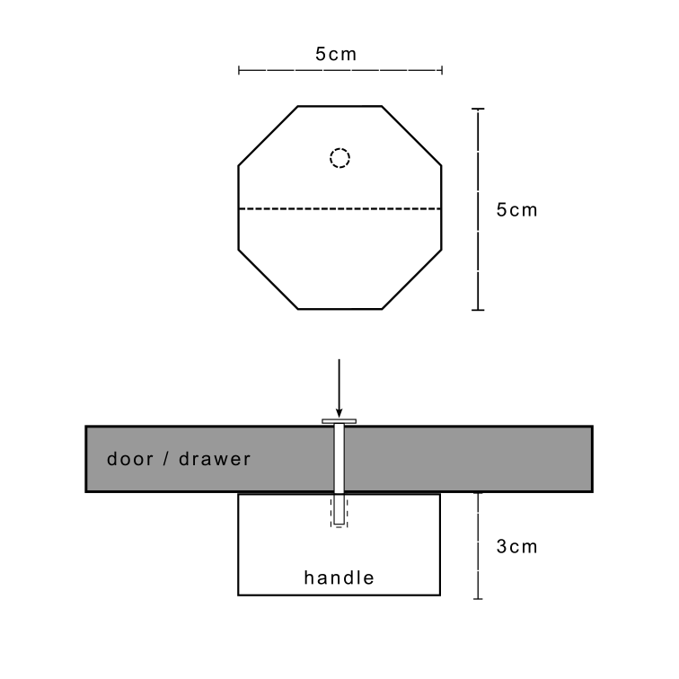 Installation guide for the octagonal black wooden cupboard knob in size small