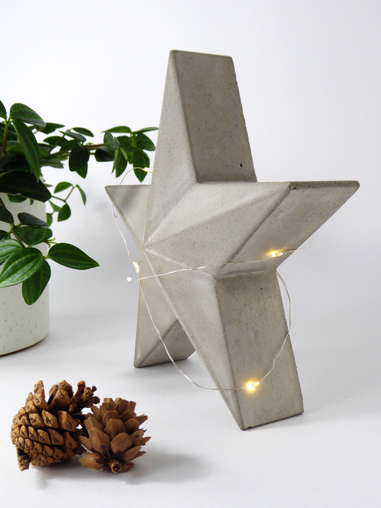 Concrete star-shaped freestanding ornament with festive string lights on a white surface with a plant and pinecones.