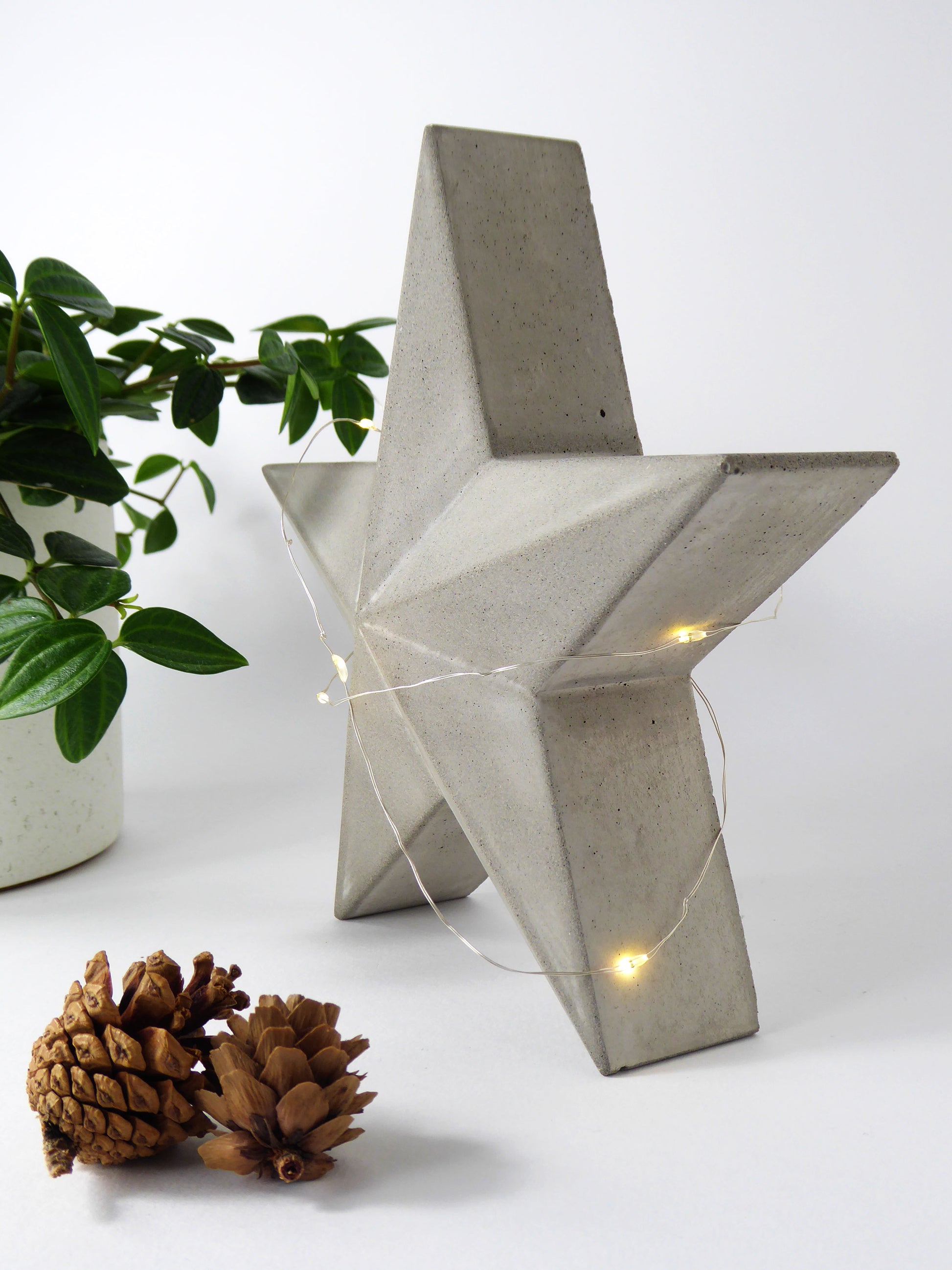 Concrete star-shaped freestanding ornament with festive string lights on a white surface with a plant and pinecones.