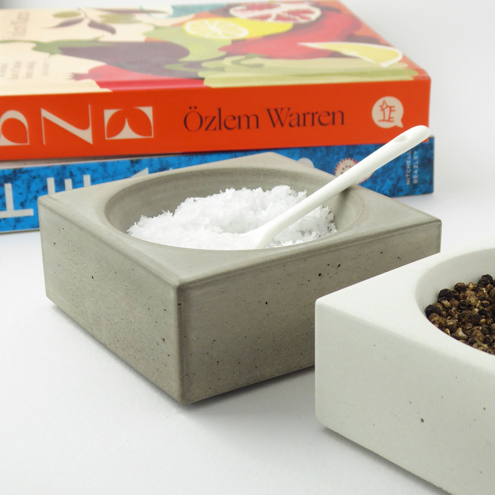 Concrete salt cellar with a white ceramic spoon on a white surface, with cookbooks in the background