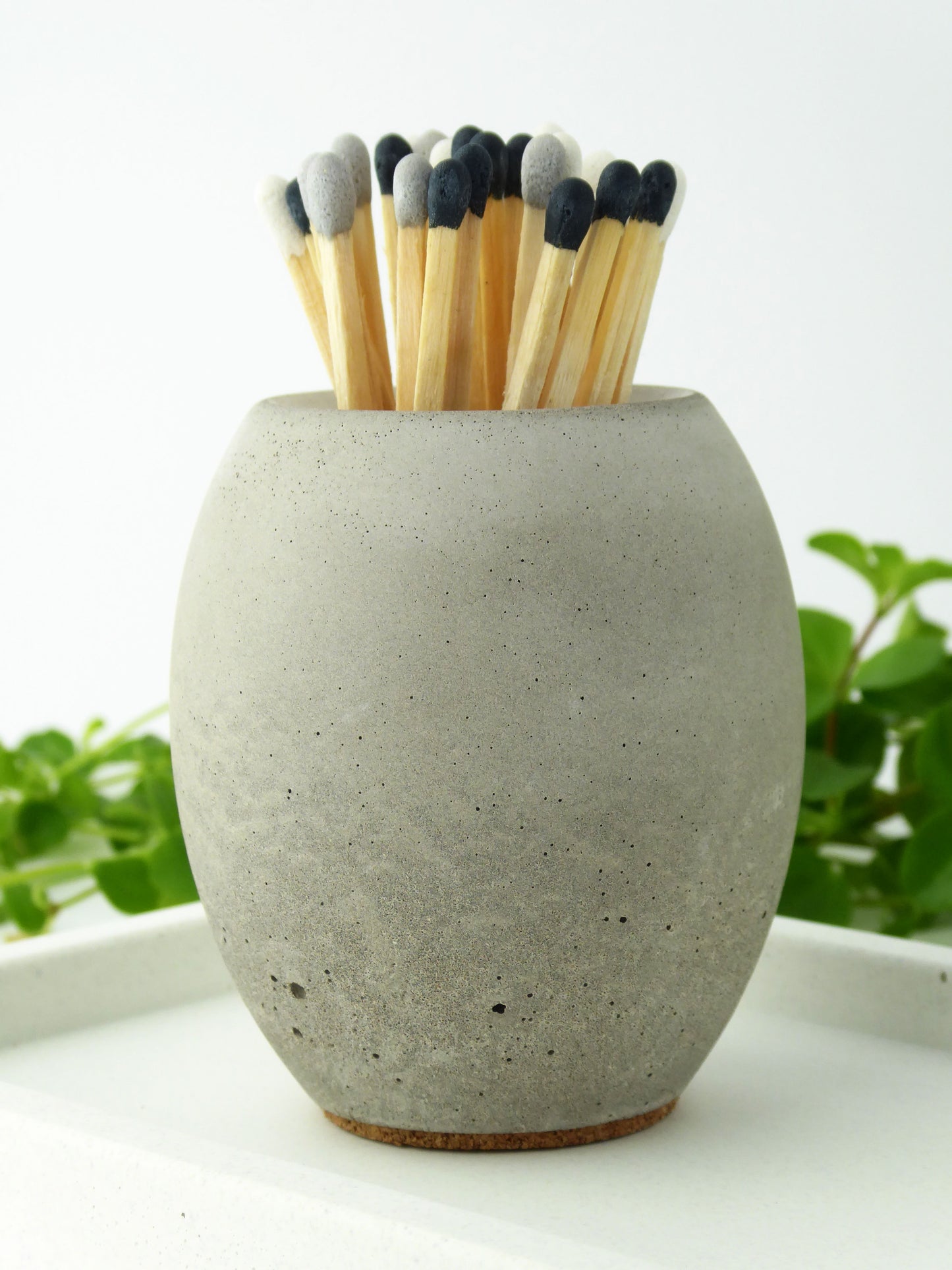 Natural concrete match stick holder with coloured matches on a white surface with greenery in the background