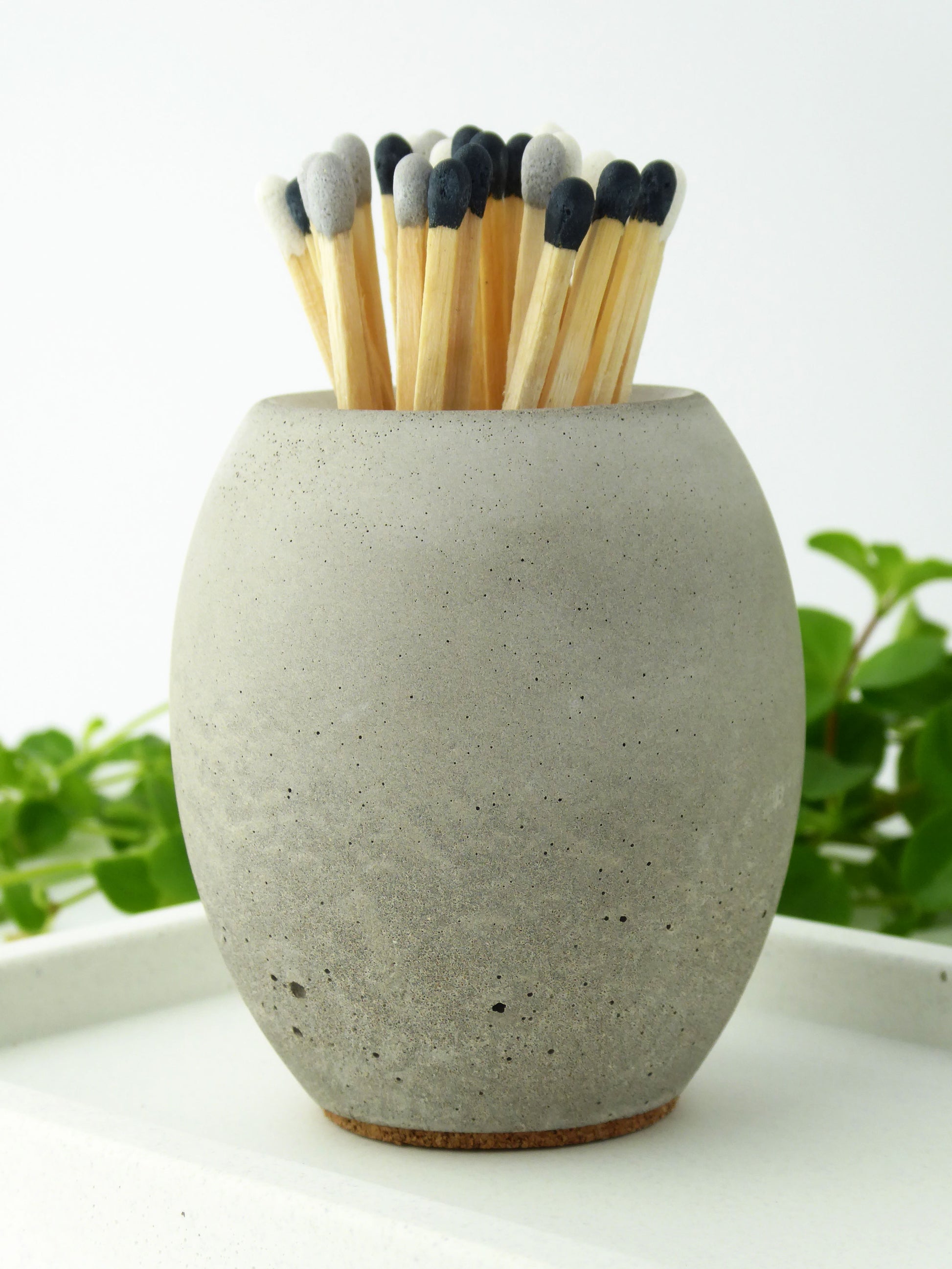 Natural concrete match stick holder with coloured matches on a white surface with greenery in the background