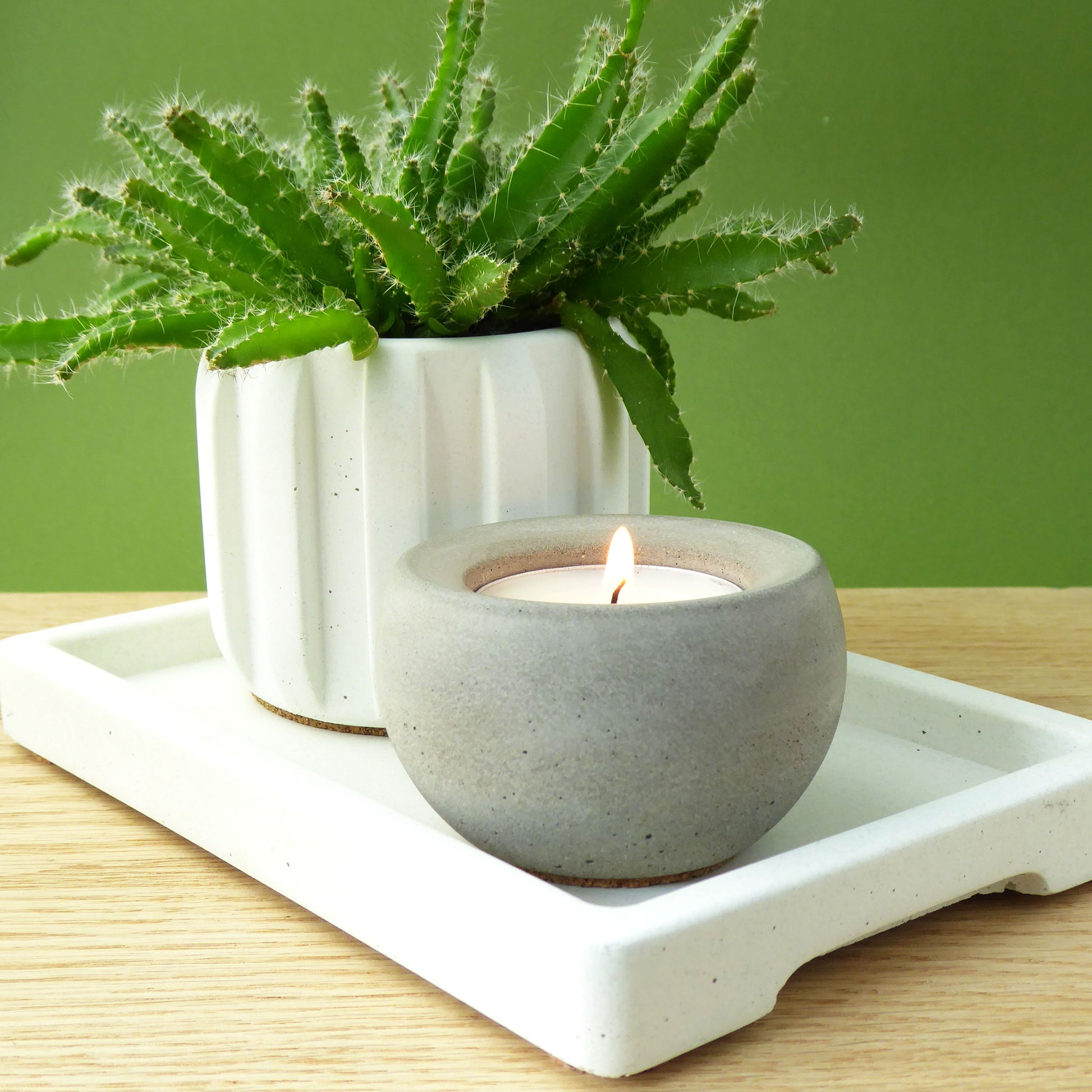 Tea light candle in grey concrete holder next to a succulent plant placed on a white concrete rectangular tray