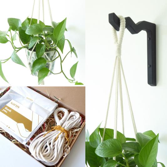 A gift set comprising a handcrafted macrame plant hanger and a wooden wall mounted plant hook for elevating a houseplant presented in a gift box with the items gift wrapped.