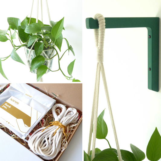 A gift set comprising a handmade macrame hanger together with a wood wall mounted plant hook  presented together in a gift box where the items are tissue wrapped and beautifully presented