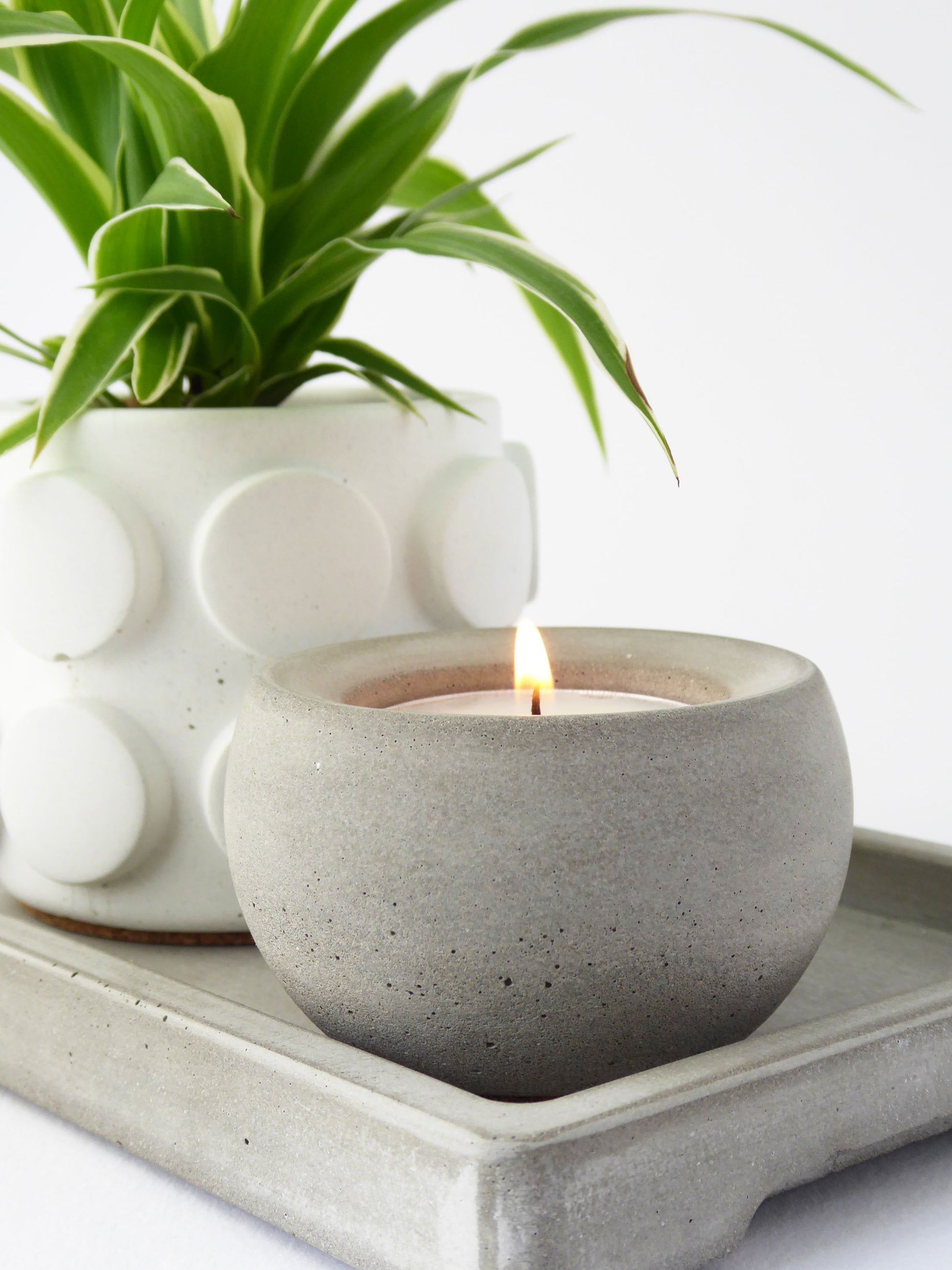 Modern grey concrete candle holder with a lit tea light on grey concrete tray next to a white concrete plant pot holding a spider plant