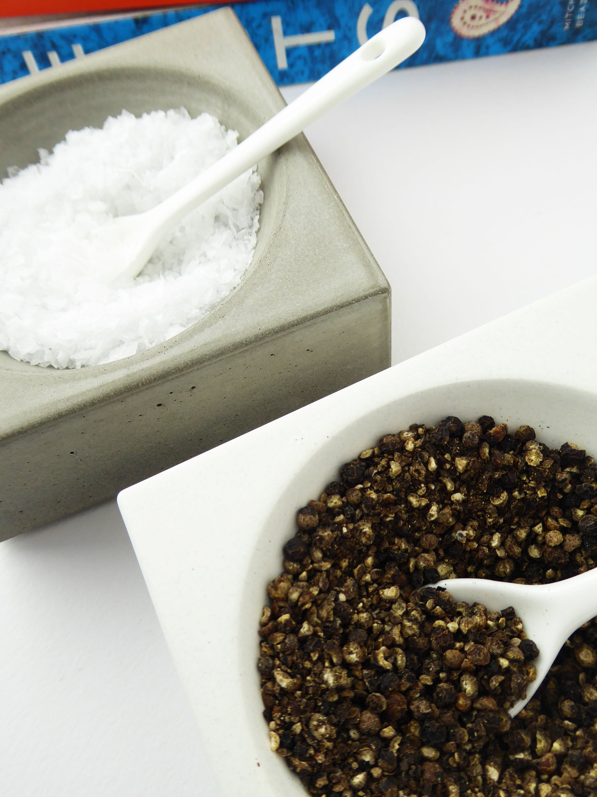 Two concrete dishes with seasalt and black peppercorns on a white dining table