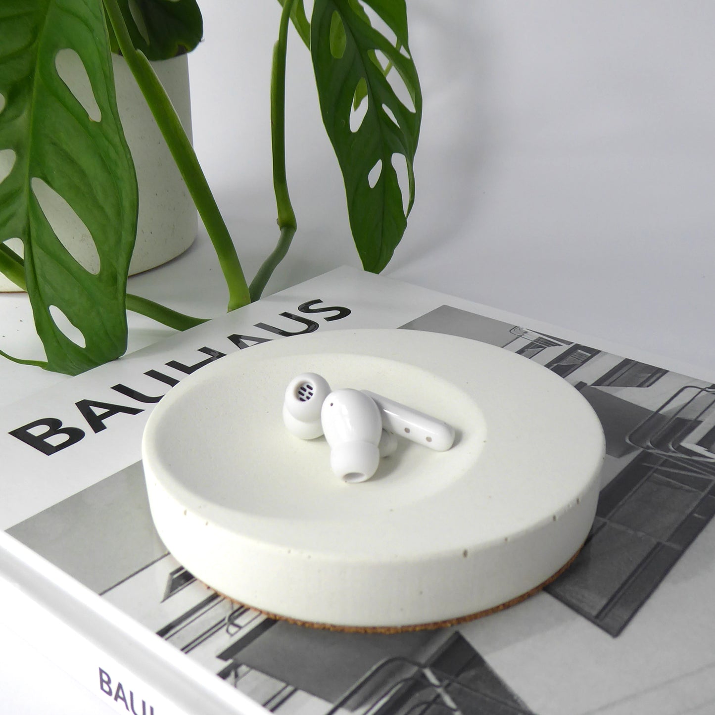 Small white concrete tray holding wireless ear pods on a book with a plant in the background
