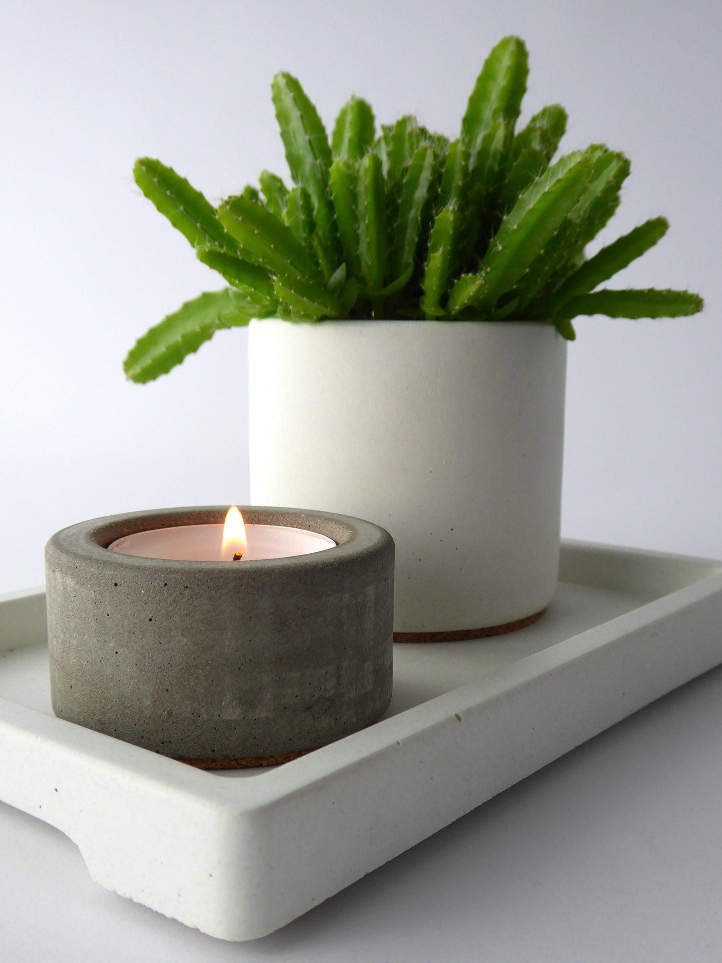white concrete plant pot and small succulent next to a grey candle holder on a white rectangular tray