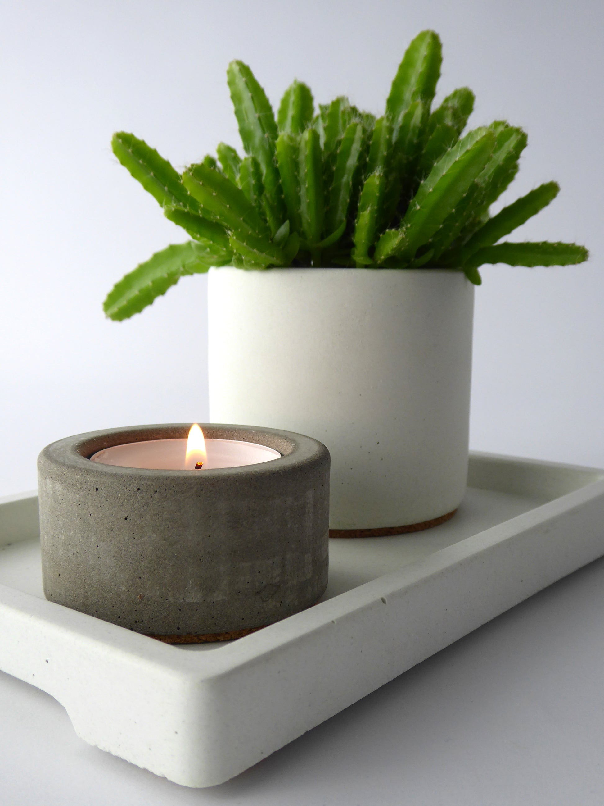 white concrete plant pot and small succulent next to a grey candle holder on a white rectangular tray