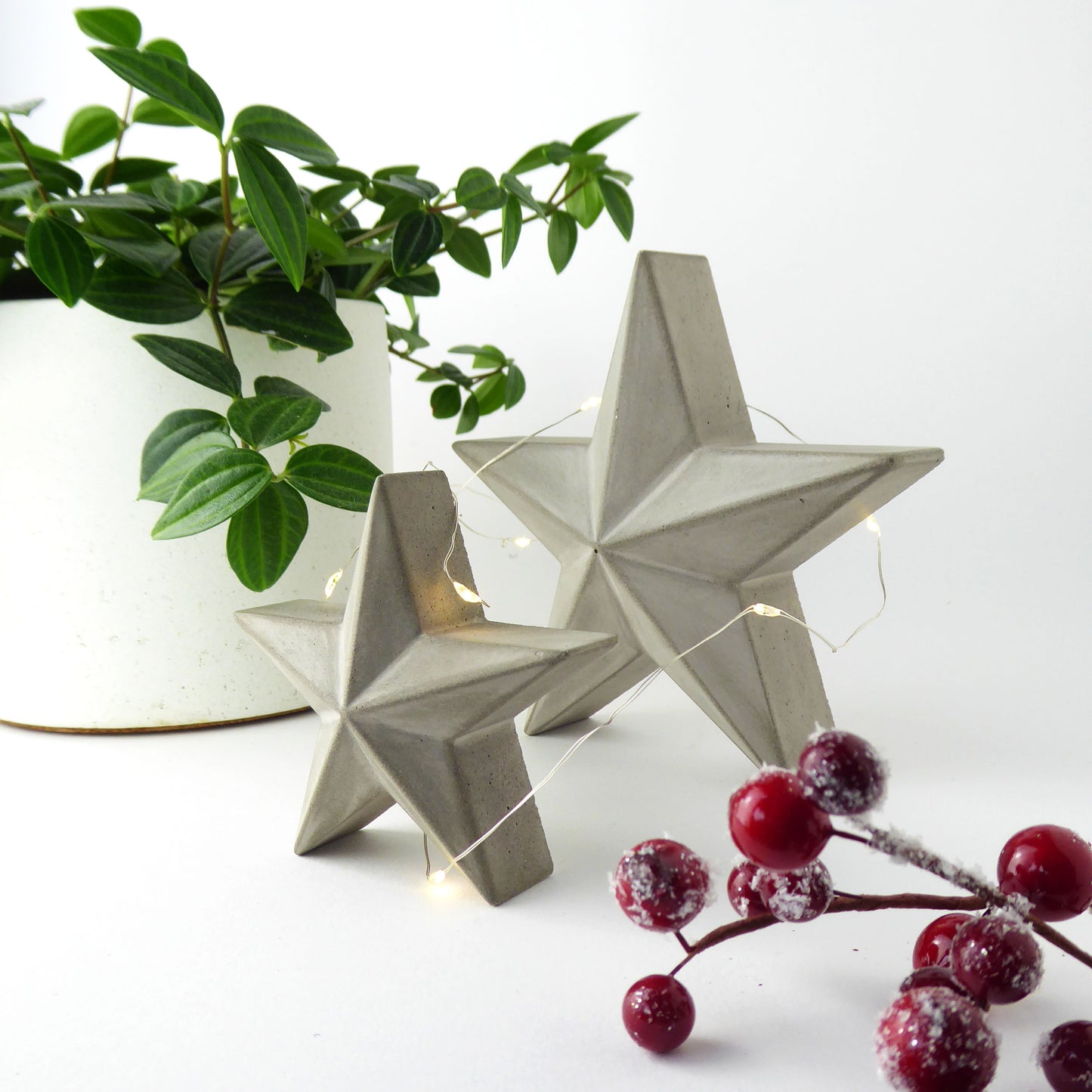 a pair of decorative concrete stars with string lights around them next to a potted plant and red Christmas berries on a white background