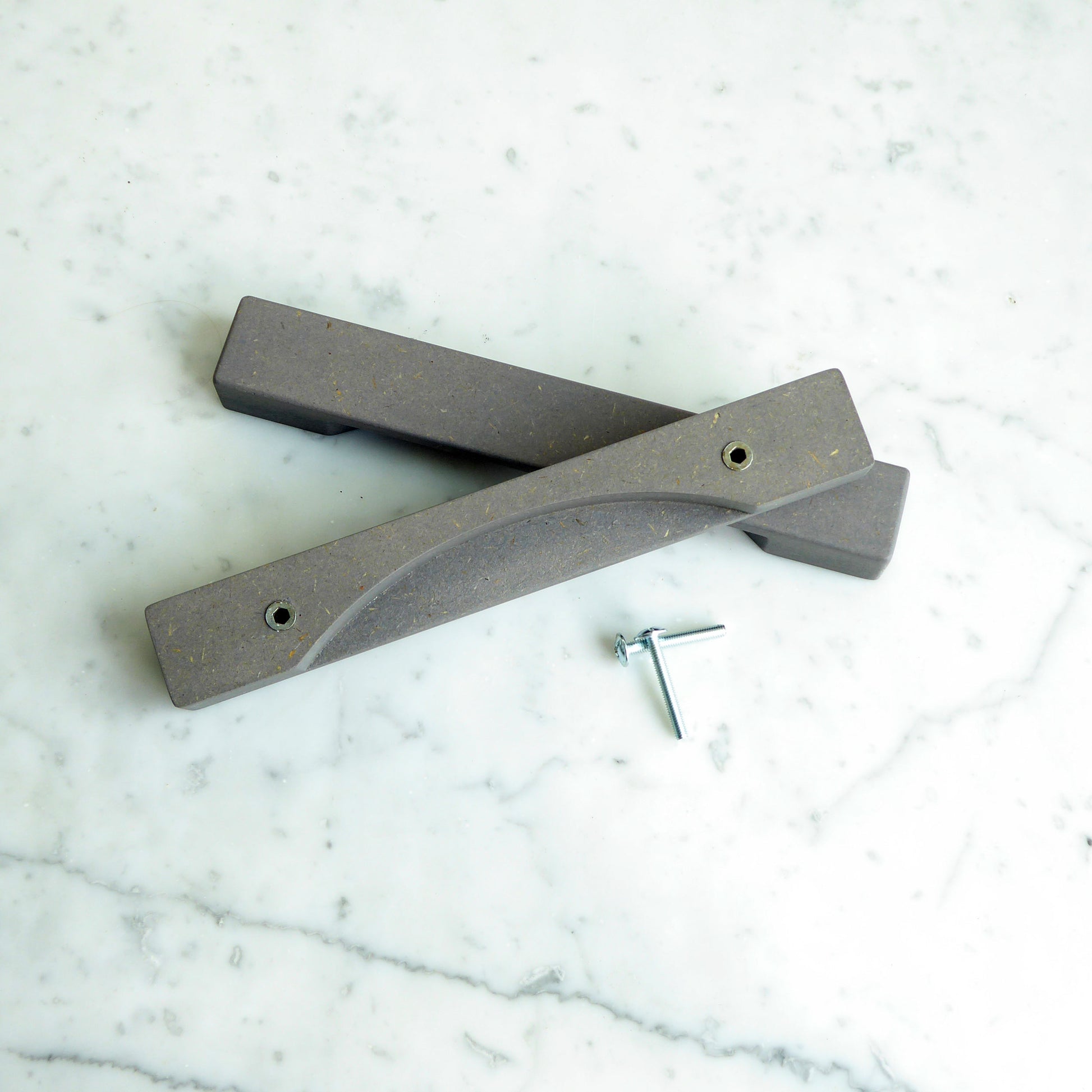 Pair of grey wooden drawer pulls with fixing screws for easy installation