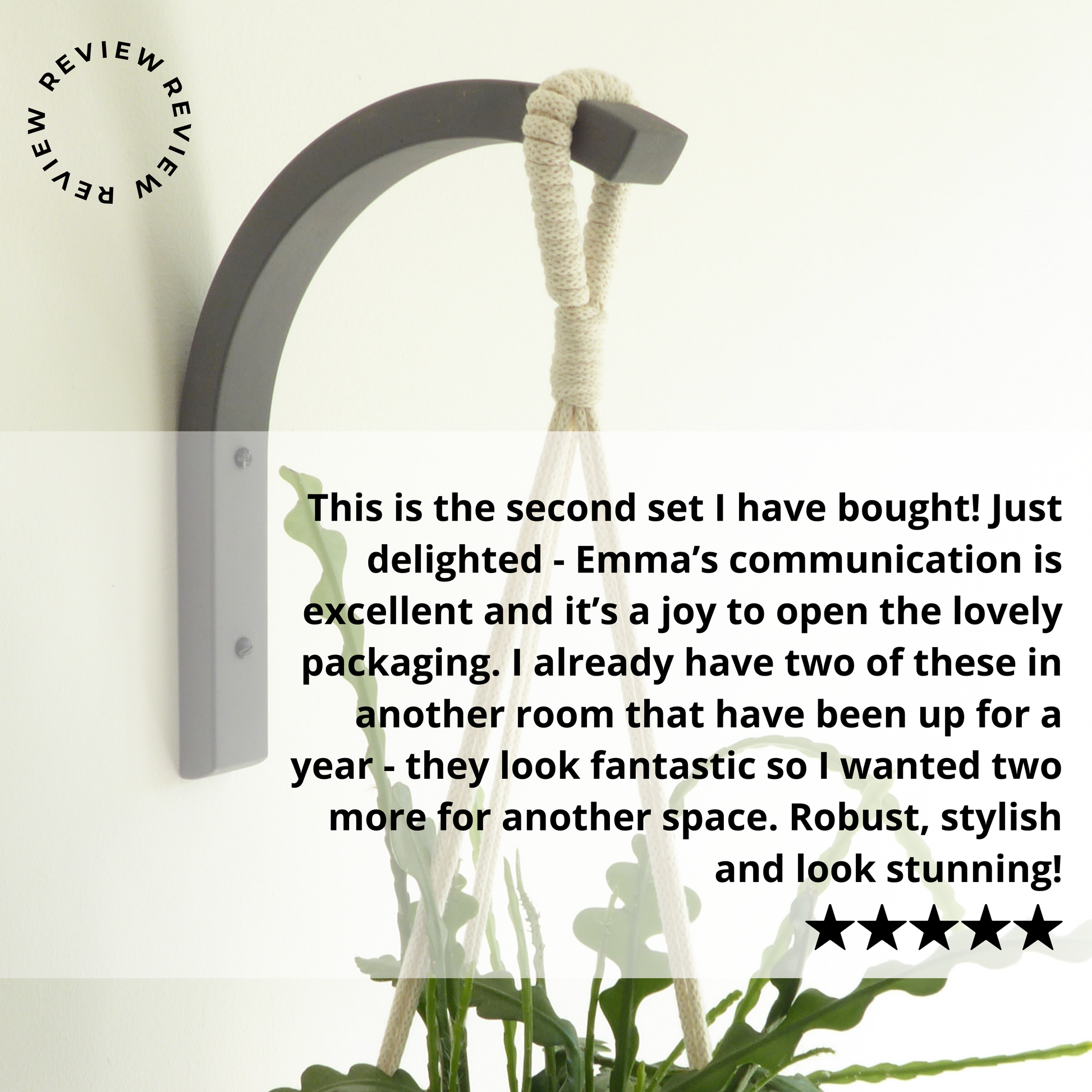 Wall bracket with a houseplant hung from it witg a 5 star review