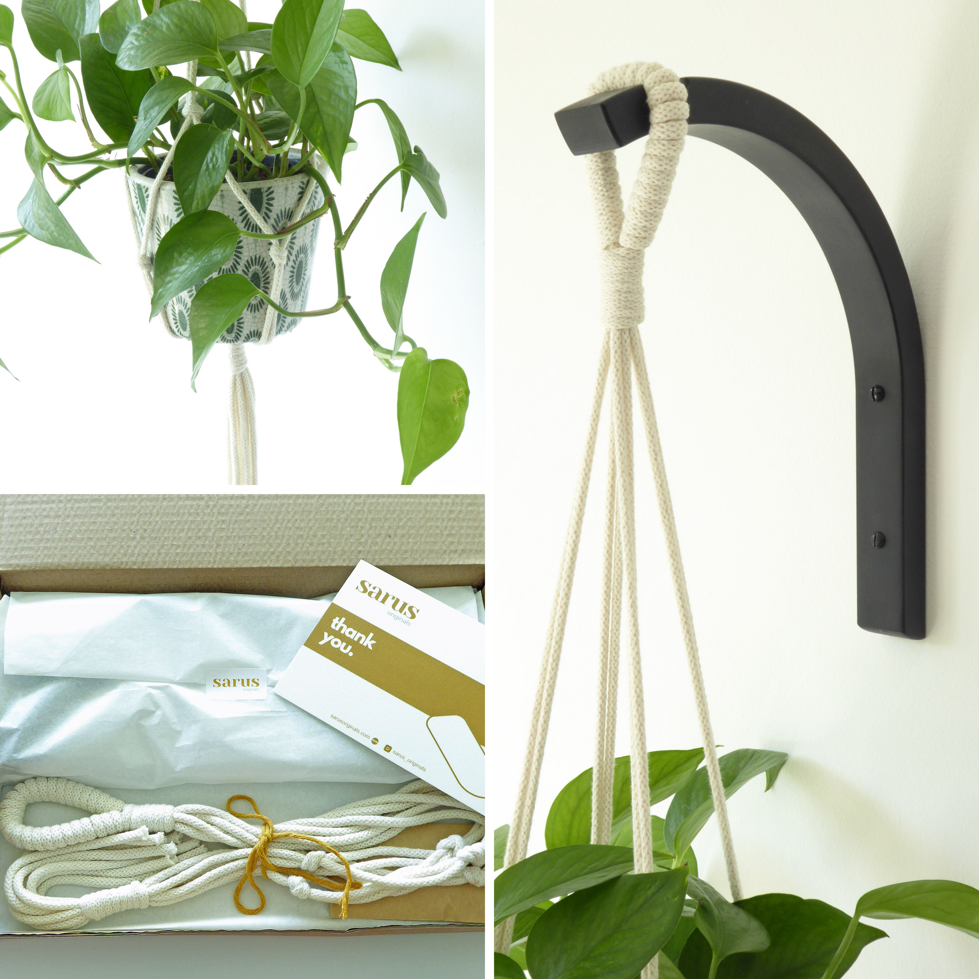 A handcrafted curved wooden plant hook and macrame hanger set, showing the hanger in use elevating a trailing houseplant and the housewarming gift set is presented in a box and tissue wrapped
