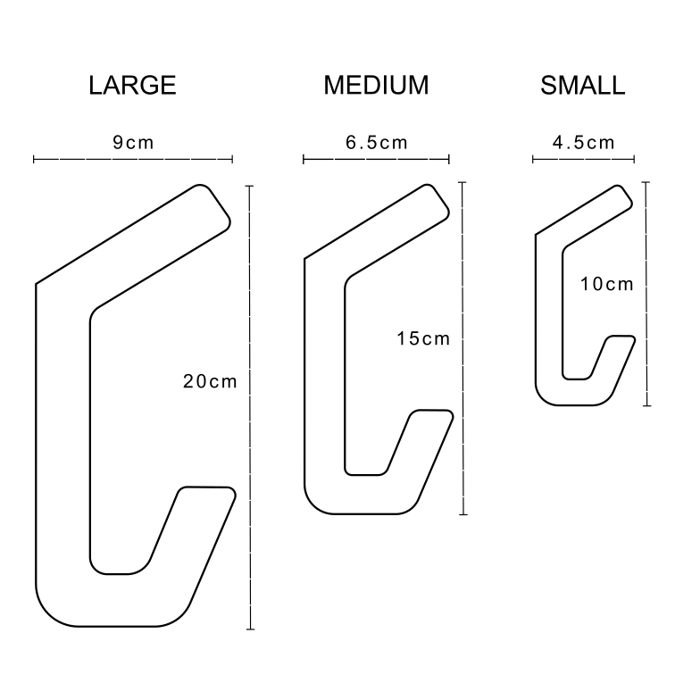 Dimensions of the GEO wall hook in 3 different sizes