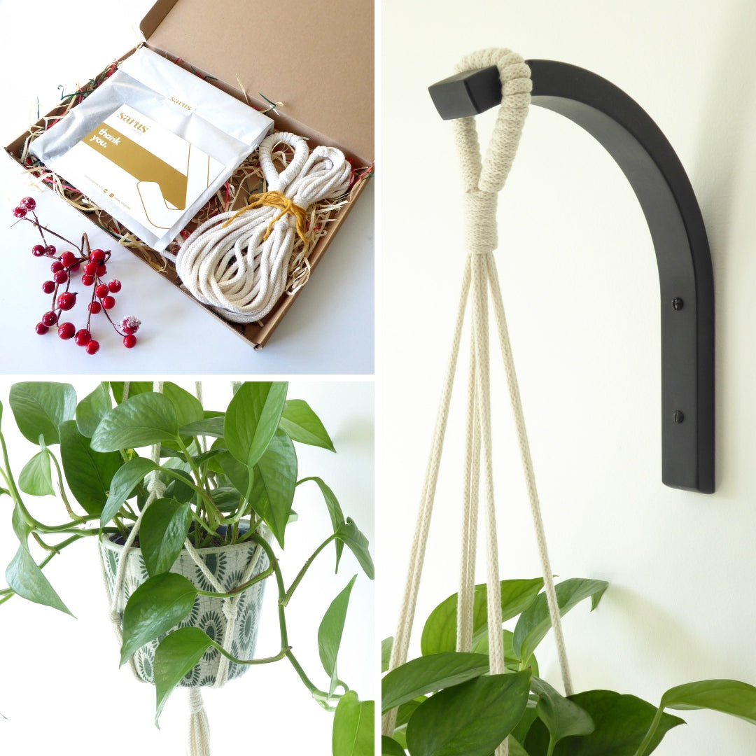 Gift set for plant lover - macrame hanger and wooden plant hook - black or grey