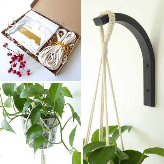 Gift set for plant lover - macrame hanger and wooden plant hook - black or grey