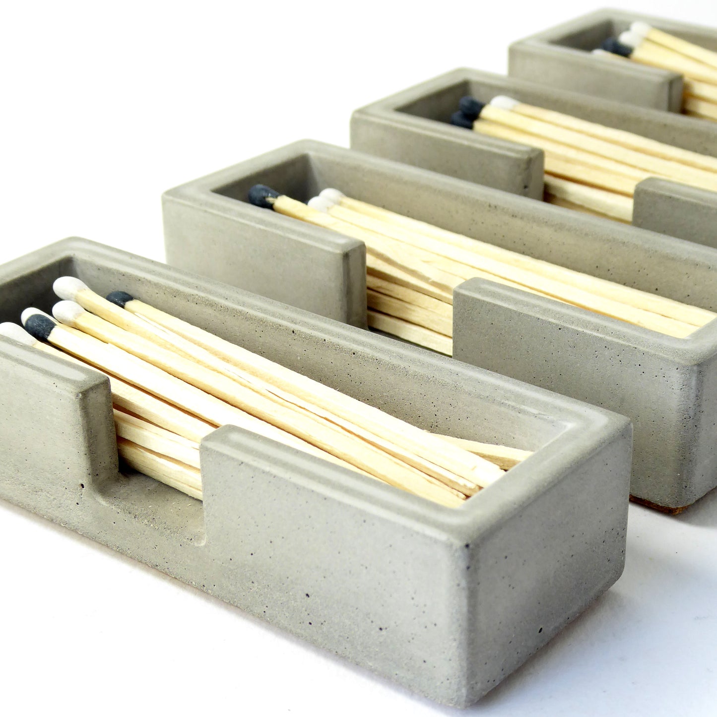 Concrete matchstick holder with striker & long matches - natural grey