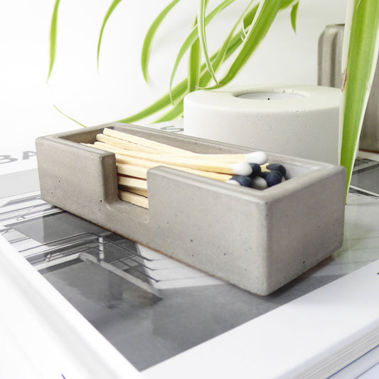 Concrete matchstick holder with striker & long matches - natural grey