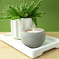 Grey concrete candle holder styled next to a white concrete plant pot on a white concrete rectangular tray 