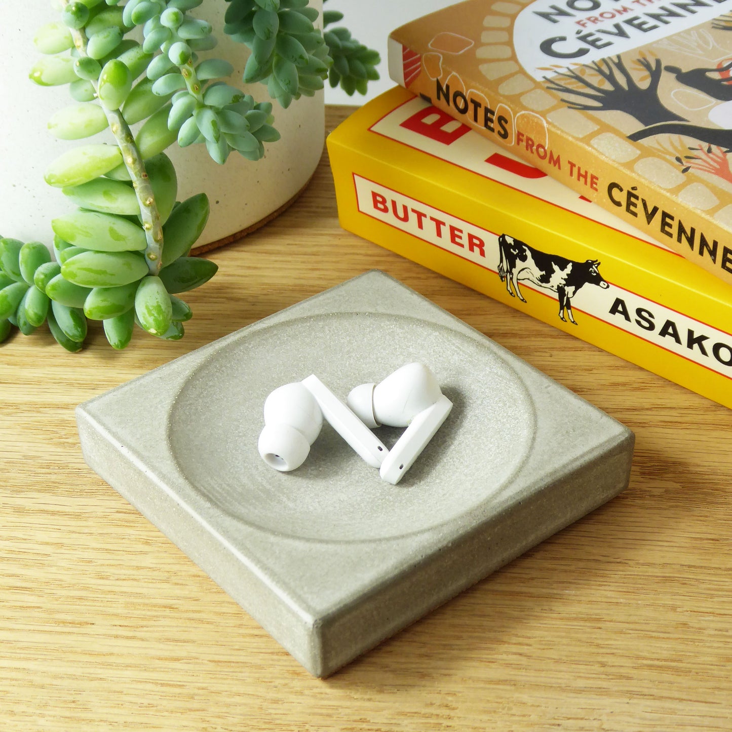 White wireless earbuds on a grey square concrete organiser tray with a book and plant in the background