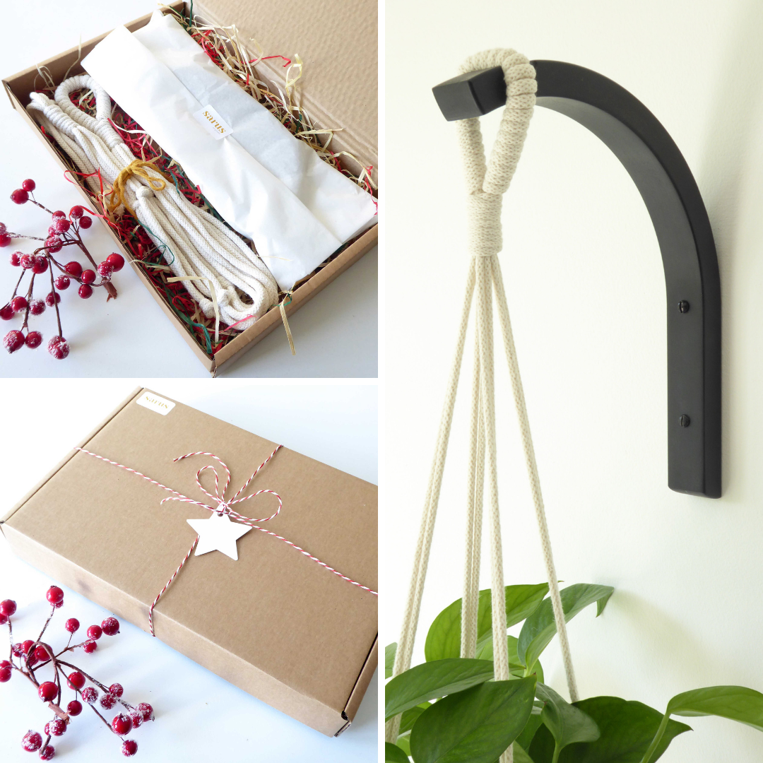 Christmas gift set for plant lover - macrame hanger and ARC plant hook - black or grey