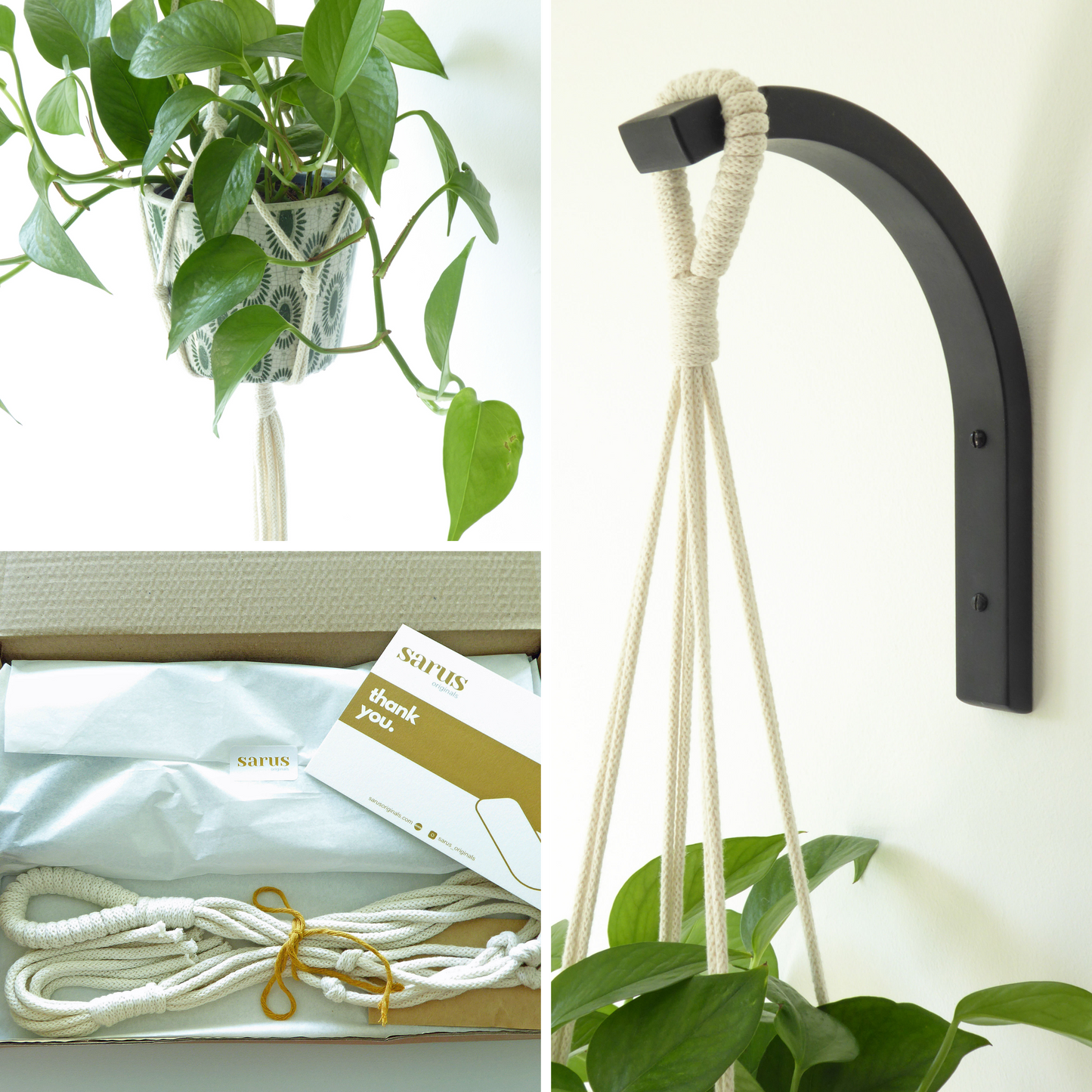 Gift set for plant lover - macrame hanger and ARC plant hook - black or grey