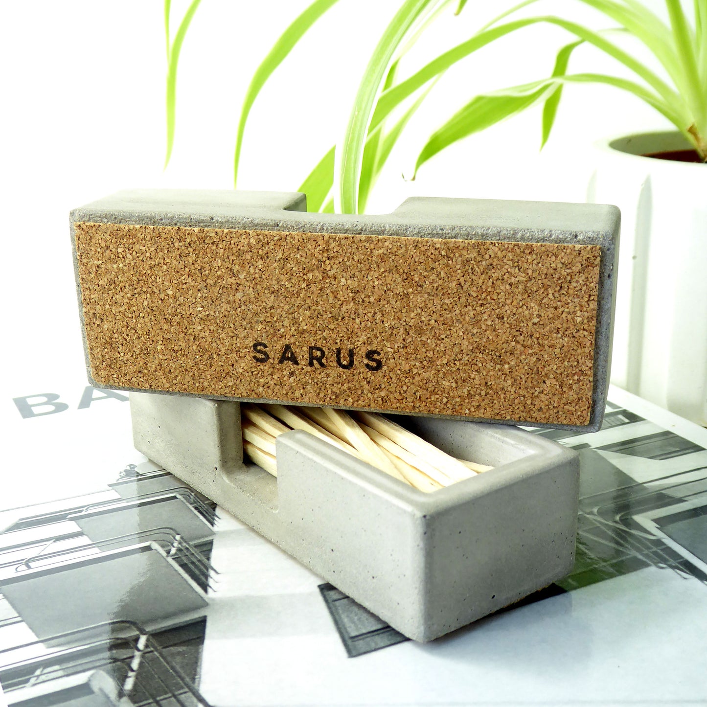 Concrete matchstick holder with striker & long matches - natural grey