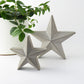 Two concrete star-shaped decorative freestanding ornaments on a white surface with a plant in the background.