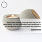 Ceramic tea light holder with a lit candle on a white background, surrounded by positive review text.