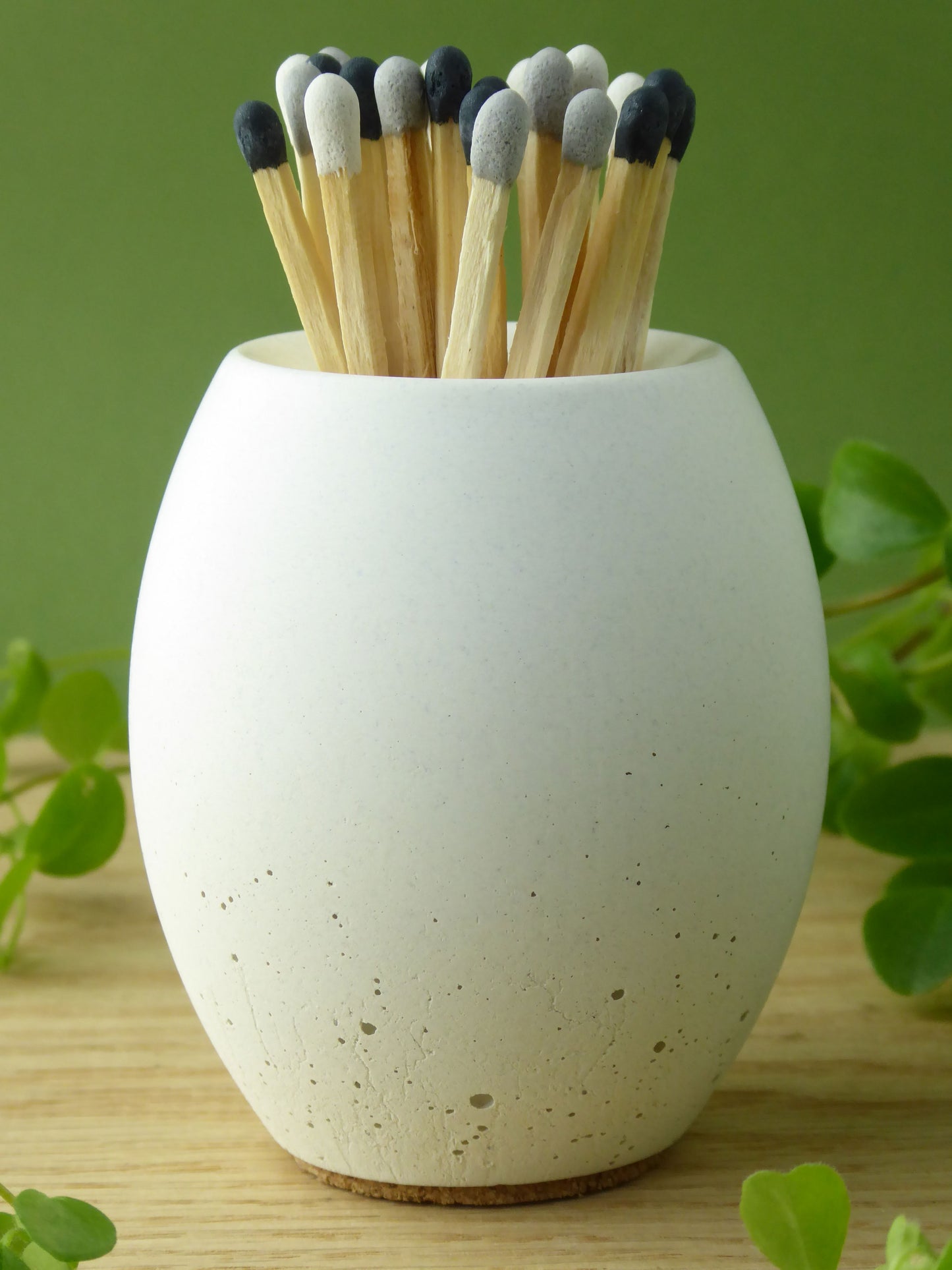 White concrete match pot with coloured long matches on wooden shelf with plant leaves showing