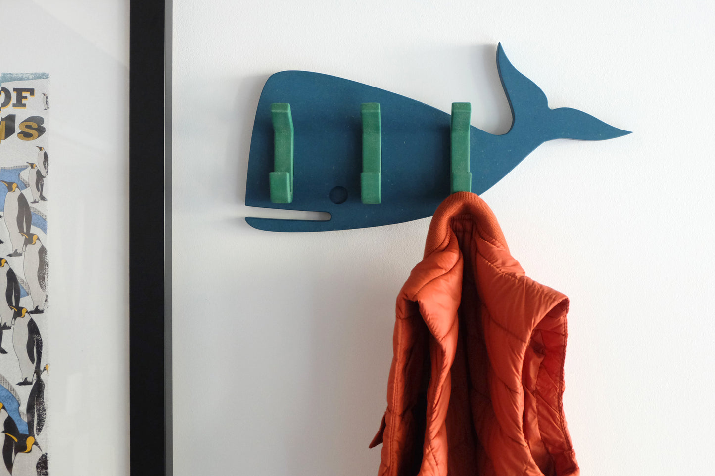 Ocean whale wall hook from SARUS ORIGINALS - contemporary and functional wall art made in England from eco friendlyValchromat. Fun colourful colorful kids bedroom decoration decor